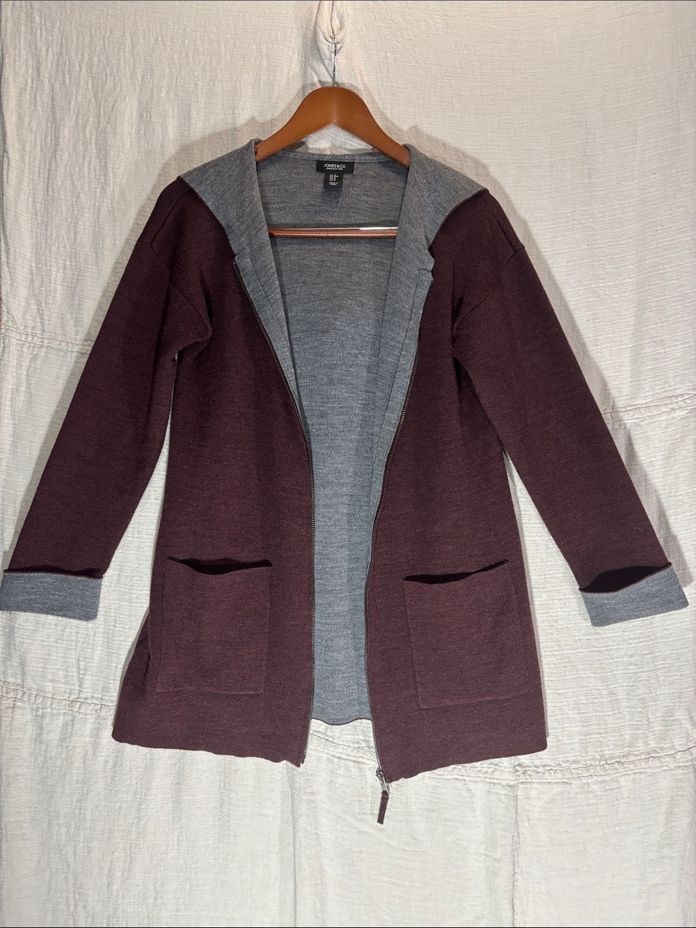 Jones New York Merino Wool Blend Full Zip Hooded Cardigan Sweater Jacket Med EUC